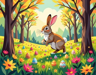 Playful Easter Bunny Hiding Colorful Eggs in a Flower Meadow Behind the Trees
