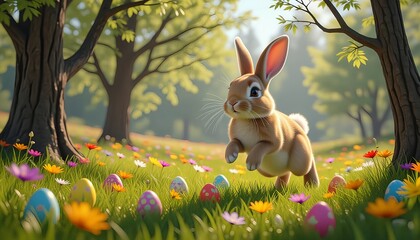 Playful Easter Bunny Hiding Colorful Eggs in a Flower Meadow Behind the Trees