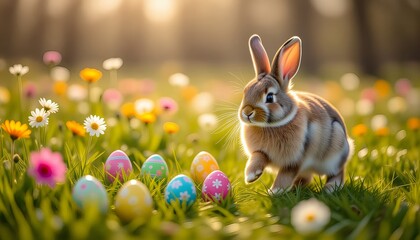 Playful Easter Bunny Hiding Colorful Eggs in a Flower Meadow Behind the Trees