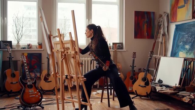 Woman painting in an art studio filled with musical instruments