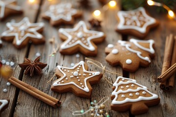 Gingerbread cookies decorated with icing on wooden table with cinnamon sticks and festive lights
