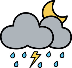 Cartoon stormy night clouds rain lightning moon sky vector