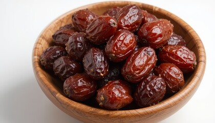 Bowl of Medjool dates. A wooden bowl filled with shiny, ripe Medjool dates showcasing healthy, sweet, and natural snack options, perfect for food, health, or culinary themes.