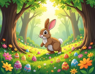 Playful Easter Bunny Hiding Colorful Eggs in a Flower Meadow Behind the Trees