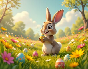 Playful Easter Bunny Hiding Colorful Eggs in a Flower Meadow Behind the Trees