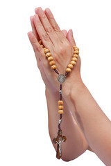 Woman praying rosary with folded hands, Hands in prayer with a rosary with a cross. Praying hands united for pray to God. isolated on transparent or white background