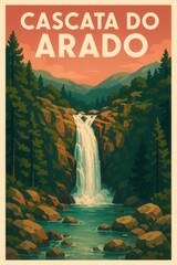 Illustrated poster showing Cascata do Arado waterfall surrounded by pine trees and rocky cliffs in the Peneda-Gerês National Park in Portugal at sunset