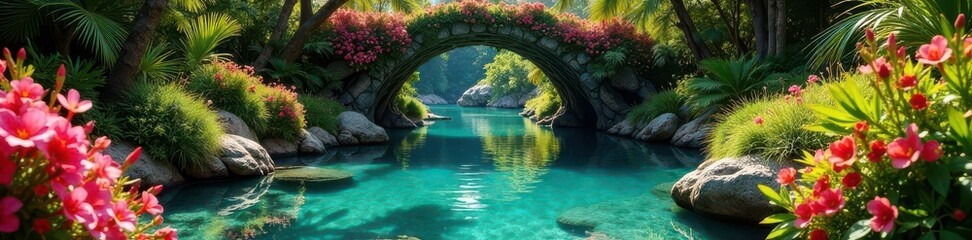 vibrant blooms create arch to hidden lagoon oasis, leaves, paradise