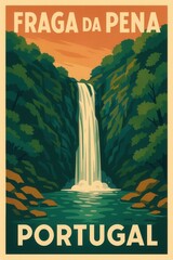Stylized poster of Fraga da Pena waterfall in Portugal featuring a woman facing the falling water in a green forested valley with rocky terrain and mountain background