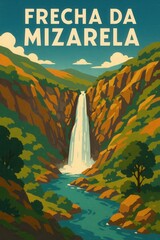 Colorful illustration of the Frecha da Mizarela waterfall cascading between steep green and orange cliffs in the Arouca Geopark area of northern Portugal with river below