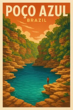 Colorful illustration of the Frecha da Mizarela waterfall cascading between steep green and orange cliffs in the Arouca Geopark area of northern Portugal with river below