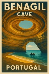 Stylized travel artwork of Benagil Cave Portugal showing people in a small boat entering the cave with layered rocky walls and a large skylight above the sea