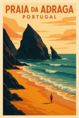 Colorful illustrated travel poster of Praia da Adraga Portugal featuring sunset hues over rugged cliffs ocean waves and a solitary person walking on the sandy shoreline