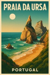 Vintage-style poster of Praia da Ursa Portugal showing rugged sea stacks dramatic cliffs turquoise waters and waves crashing onto a golden sandy beach under the sun