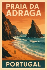 Vintage artwork of Praia da Adraga Portugal showing dramatic rock peaks meeting the sea with golden sand and a single person walking under an orange evening sky