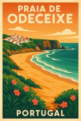 Illustration of Praia de Odeceixe in Portugal showing a curving beach below steep cliffs with a scenic village overlooking the Atlantic ocean under orange skies