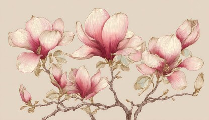 Delicate pink magnolia flowers with intricate details on a neutral background