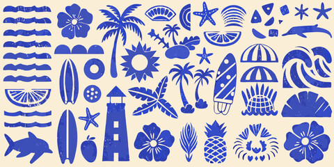 Collection of blue tropical summer beach icons and symbols on a beige background