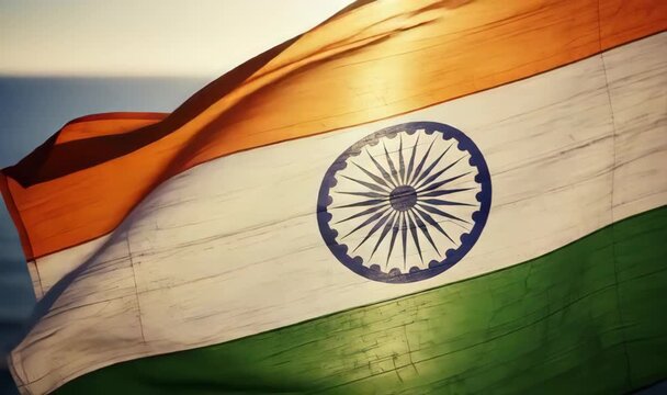 Indian Navy Day Celebration Close-Up of Tiranga Flag Waving Proudly, Symbolizing Strength and Unity Over Blue Waters