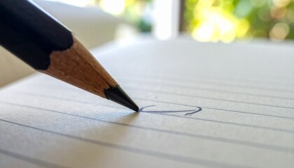 Close-up of a pencil drawing on lined paper, capturing the detail of the graphite tip and the texture of the paper.