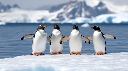 Obraz premium Gentle penguins standing on snowy iceberg in cold Arctic landscape, showcasing wildlife beauty