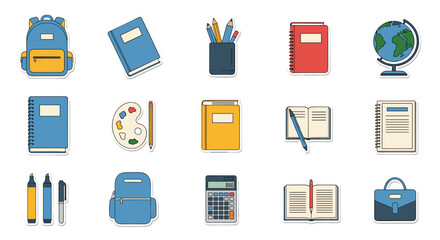 A collection of colorful cartoon school supplies arranged in a grid pattern.