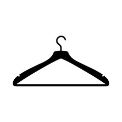 Black clothes hanger minimalist design, simple silhouette icon for wardrobe, closet, organization, or laundry concepts, isolated on a white background.