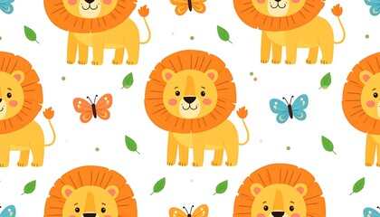 Cute lion pattern with butterflies and leaves.  Repeating design