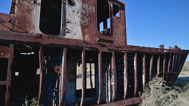 Old rusted out fishing vessel in the Moynaq ship graveyard in Uzbekistan
