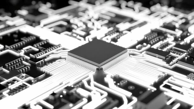 Digital Circuitry: A striking grayscale representation of a central processing unit (CPU) on a printed circuit board (PCB), symbolizing technological advancement and intricate design. 