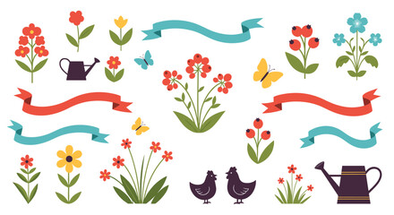 Collection of colorful spring floral elements and garden decorations for a festive seasonal design.