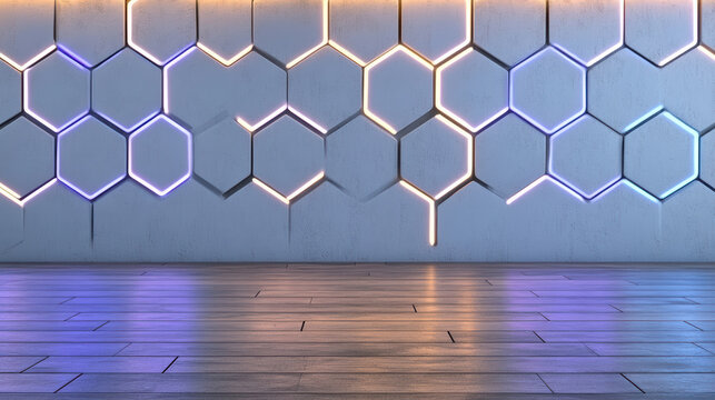 Futuristic hexagon pattern with glowing lights on textured wall, creating modern ambiance