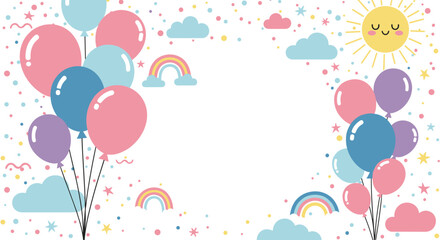 A delightful sky full of pastel balloons clouds and rainbows for a celebration.