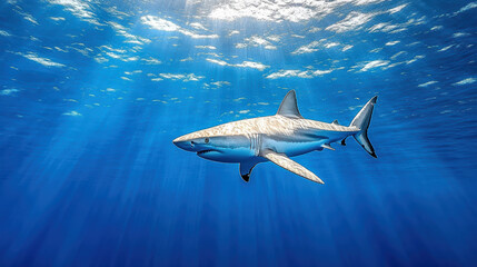 Fototapeta premium Majestic shark swimming in deep ocean water, showcasing its powerful presence and grace