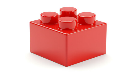 Single Red Plastic Building Block Isolated. Toy, Play, and Construction Element on White Background.