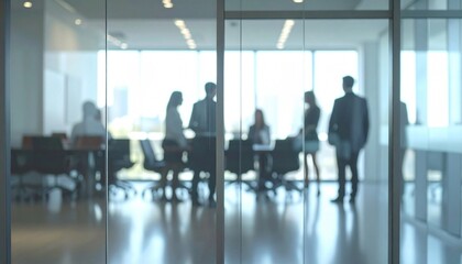 Group of businesspeople negotiating gathered in modern conference room, blurred silhouettes view, closed glass doors. 