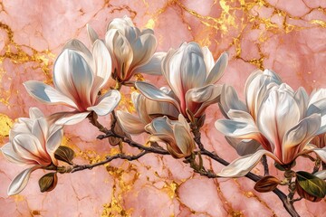 Branch of magnolia blossoms against a pink marble and gold veined background