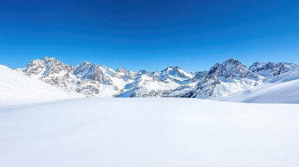 Fototapeta premium Snow covered mountain peaks under clear blue sky create breathtaking winter landscape