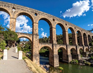 Stone aqueduct over river, under blue sky