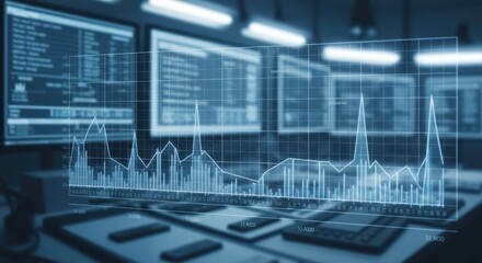 Data graphs overlay a control room with multiple monitors
