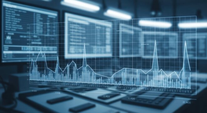 Data graphs overlay a control room with multiple monitors