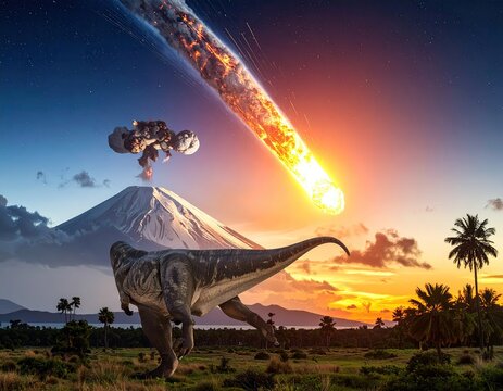 Asteroid falls, dinosaur runs; mountain and sunset backdrop