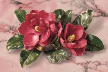 Realistic painting of two red magnolias with green leaves on a pink marble background
