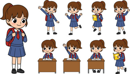 Cartoon schoolgirl character set, student in uniform with backpack, studying, writing, waving, reading book, sitting at desk, education concept, classroom activities illustration