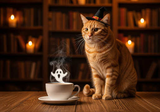 A halloween orange cat sitting on a table beside a cup with spooky haunted atmosphere