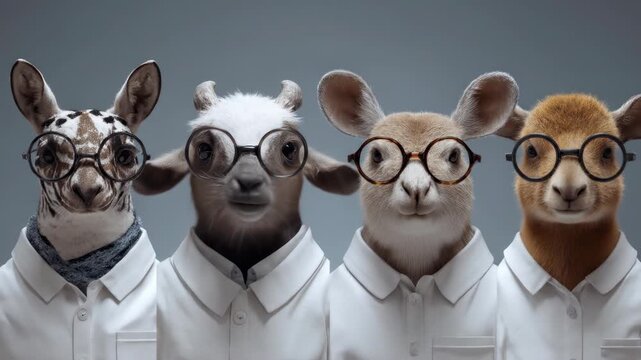 Four anthropomorphic animals, each wearing round spectacles and white lab coats, pose against a soft grey background
