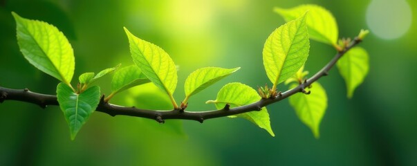 Vibrant new leaves unfurl on a slender branch, sunlight dappled , shoot, sprout