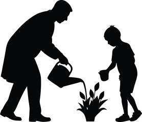 Father and son watering plants in garden clean silhouette vector