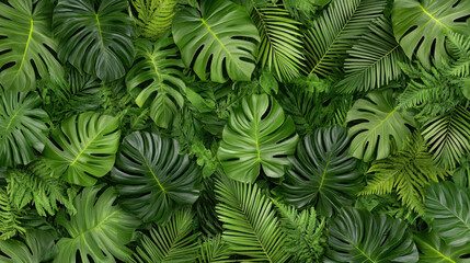Lush tropical leaves create vibrant green backdrop, showcasing diverse foliage textures