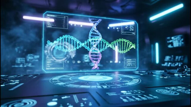 Holographic display of DNA molecules in a futuristic lab - Powered by Adobe